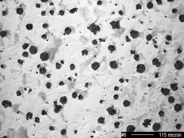 Bild 1: Grundgefüge von ferritischem Gusseisen mit Kugelgrafit, 100:1, geätzt