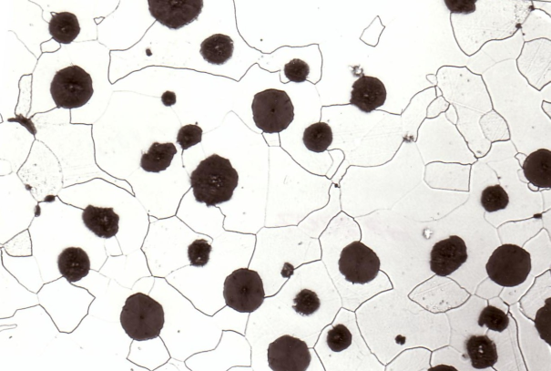 Bild 1: Grundgefüge von ferritischem Gusseisen mit Kugelgrafit, 200:1, geätzt