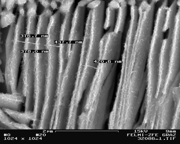 Bild 3: Abstand der Zementitlamellen im Perlit aus Bild 2, 20000:1, geätzt 