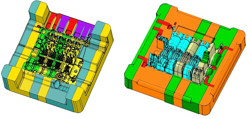 Fig. 4: Construction design of mold inserts and die casting molds for a series 4-cylinder crankcase from Schaufler Tooling GmbH