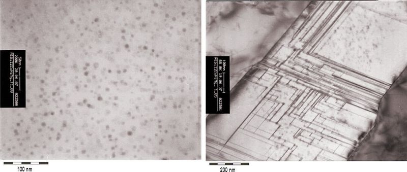 Fig. 11: Alloy AlSi12CuNiMg, TEM images, bright field, left: T1 state, very finely and homogeneously distributed GPI zones upon complete natural aging,right: The fine lines mark coherency stress defects caused by lattice distortion in the vicinity of precipitations.Source: H. Rockenschaub, FT&amp;E 