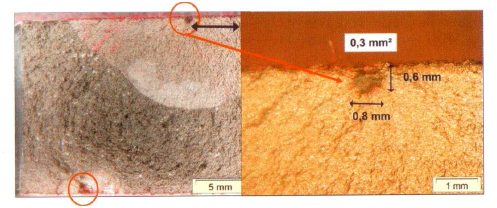 Fig. 3: Fatigue failure triggering defects at a GJS sample with assessment of the crack positions (according to W. Bauer, Leoben, Austria)