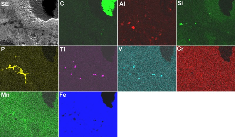 Bild 5: Elementeverteilung zwischen zwei Sphärolithen im Gusseisen mit Kugelgrafit; deutlich werden Bereiche mit Phosphideutektikum sichtbar. (Quelle: FT&amp;E)