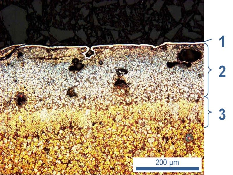 Bild 4: Gefüge eines beschichteten Druckgussteiles aus ZA4301) Beschichtung2) feinglobulitisches Randgefüge 3) Stängelkristallzone