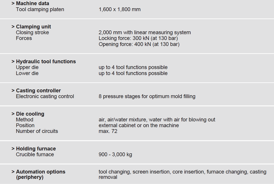 Table 1: Technical data for the LOW PRESSURE CASTER B low-pressure casting plant from Fill GmbH (subject to technical modifications)